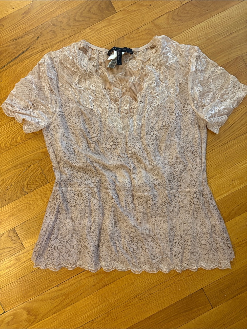 BCBGMaxAzria Lace Short-Sleeve Peplum Top in Mauve